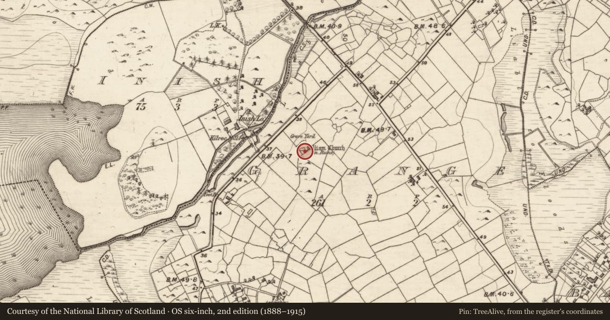 Ordnance Survey six-inch map, 2nd edition (1888–1915) covering the location of Children's burial ground, Grange, County Galway, with a pin at the register's coordinates