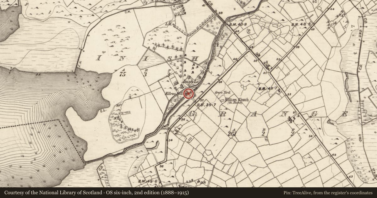 Ordnance Survey six-inch map, 2nd edition (1888–1915) covering the location of Mill - corn, Inish, County Galway, with a pin at the register's coordinates