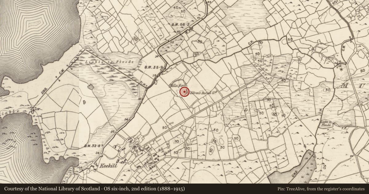 Ordnance Survey six-inch map, 2nd edition (1888–1915) covering the location of Children's burial ground, Keekill, County Galway, with a pin at the register's coordinates