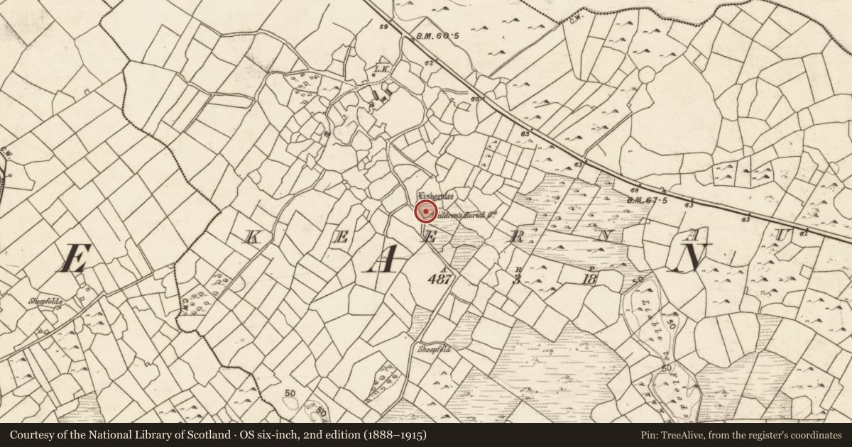 Ordnance Survey six-inch map, 2nd edition (1888–1915) covering the location of Children's burial ground, Keernaun, County Galway, with a pin at the register's coordinates