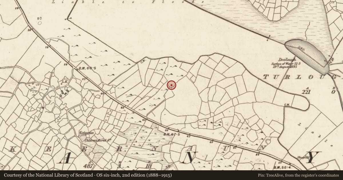 Ordnance Survey six-inch map, 2nd edition (1888–1915) covering the location of Enclosure, Keernaun, County Galway, with a pin at the register's coordinates