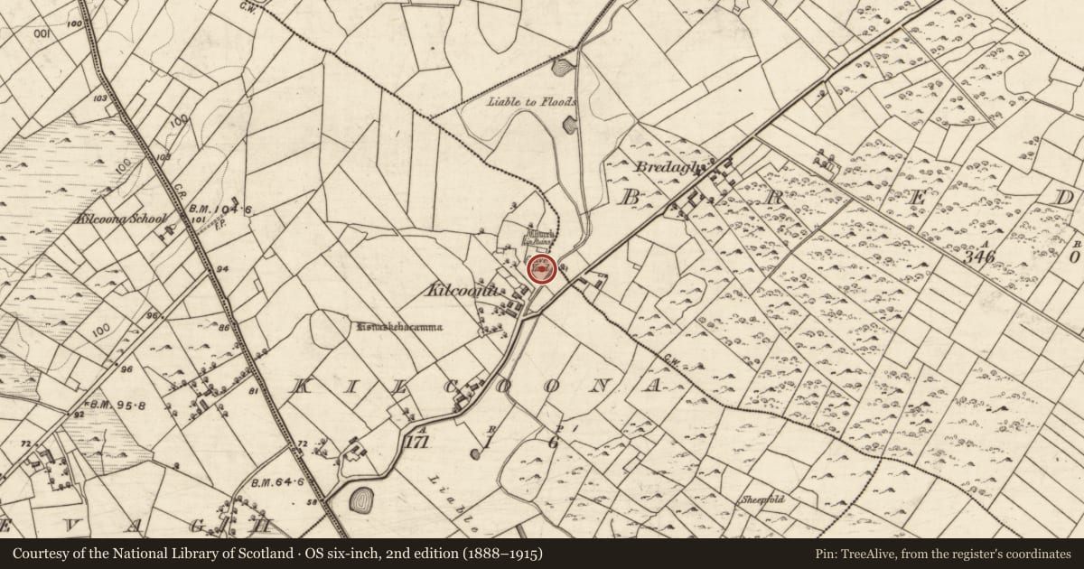 Ordnance Survey six-inch map, 2nd edition (1888–1915) covering the location of Graveyard, Kilcoona, County Galway, with a pin at the register's coordinates