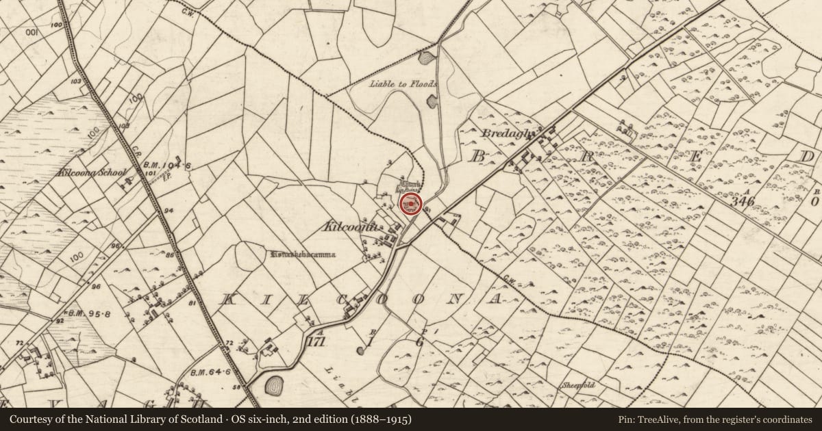 Ordnance Survey six-inch map, 2nd edition (1888–1915) covering the location of Round tower, Kilcoona, County Galway, with a pin at the register's coordinates