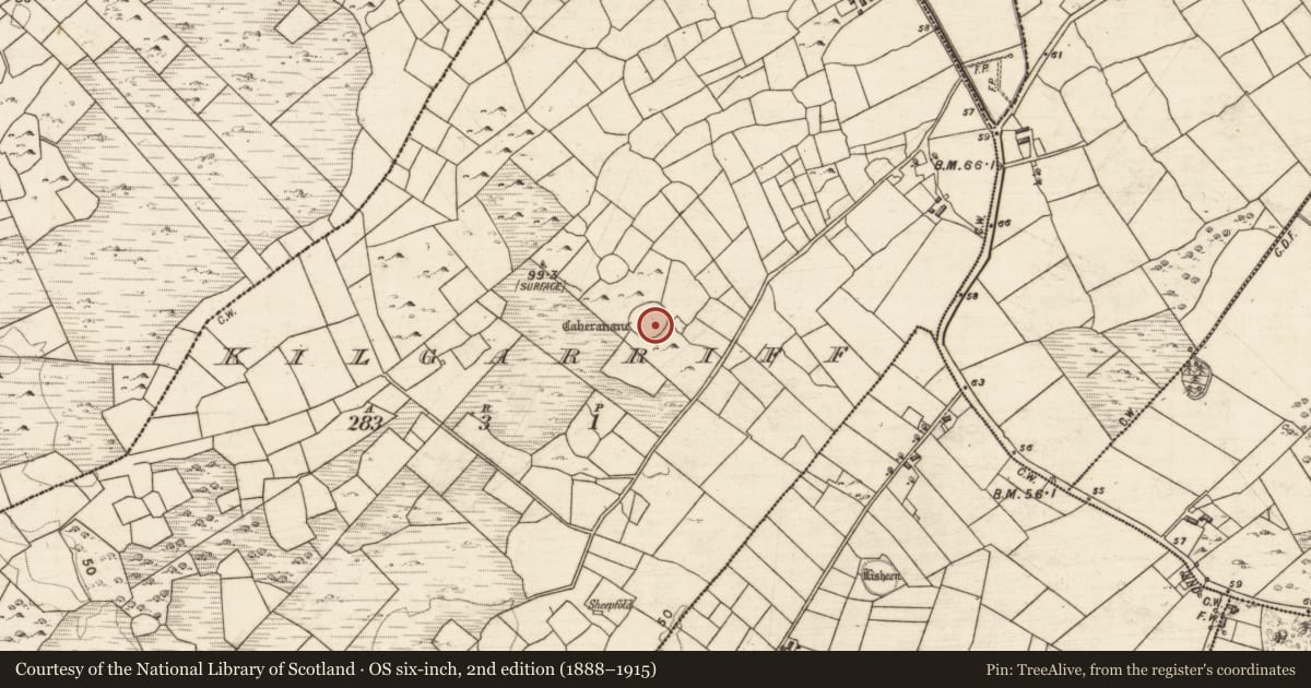 Ordnance Survey six-inch map, 2nd edition (1888–1915) covering the location of Souterrain, Kilgarriff, County Galway, with a pin at the register's coordinates