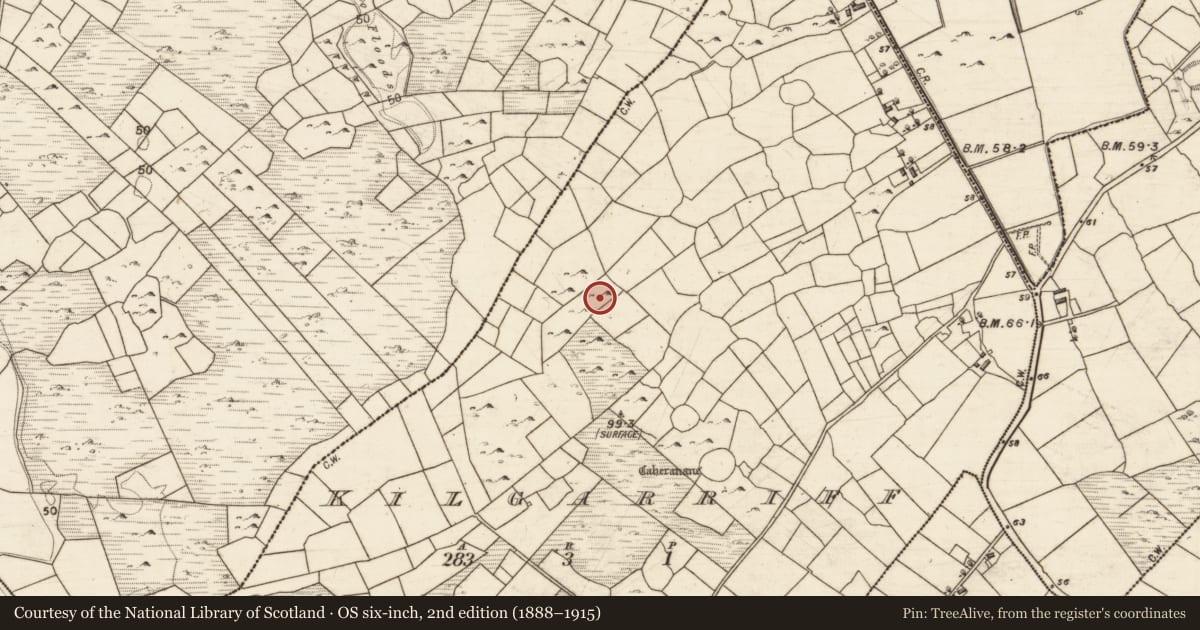 Ordnance Survey six-inch map, 2nd edition (1888–1915) covering the location of Enclosure, Kilgarriff, County Galway, with a pin at the register's coordinates
