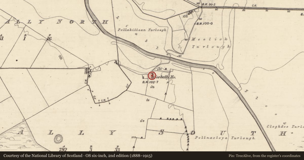 Ordnance Survey six-inch map, 2nd edition (1888–1915) covering the location of Country house, Corbally South, County Galway, with a pin at the register's coordinates