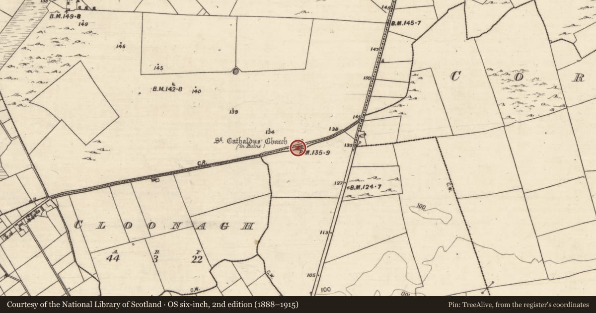 Ordnance Survey six-inch map, 2nd edition (1888–1915) covering the location of Church, Corrandrum, County Galway, with a pin at the register's coordinates