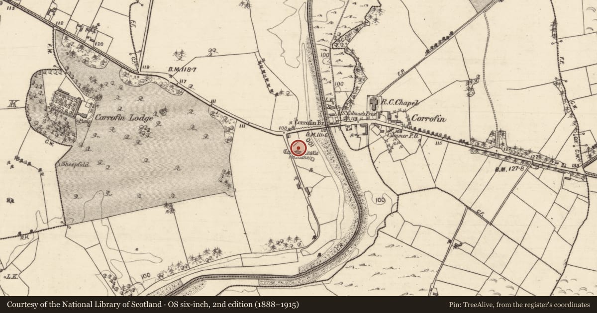Ordnance Survey six-inch map, 2nd edition (1888–1915) covering the location of Bridge, Corrofin, County Galway, with a pin at the register's coordinates