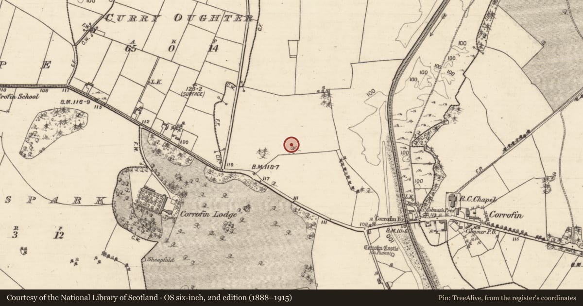 Ordnance Survey six-inch map, 2nd edition (1888–1915) covering the location of Designed landscape feature, Corrofin, County Galway, with a pin at the register's coordinates