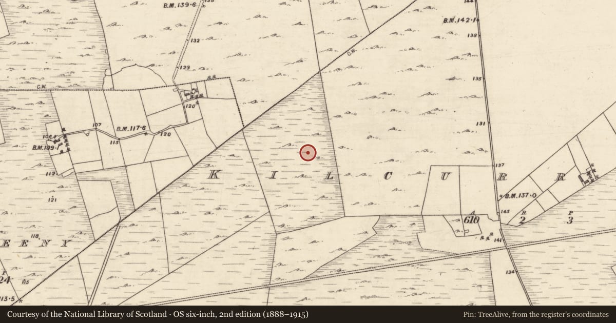 Ordnance Survey six-inch map, 2nd edition (1888–1915) covering the location of Enclosure, Kilcurrivard, County Galway, with a pin at the register's coordinates