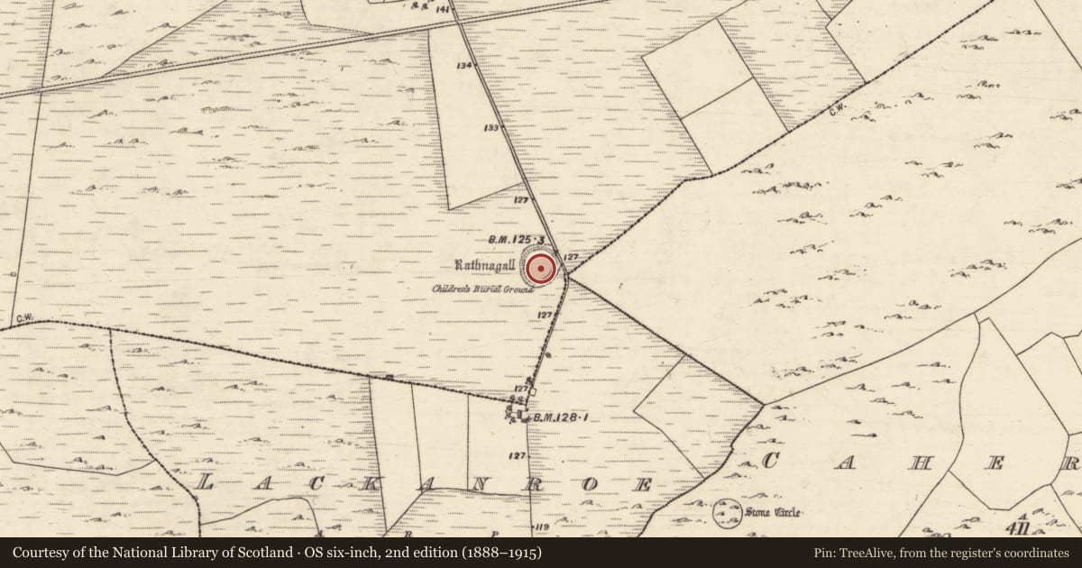 Ordnance Survey six-inch map, 2nd edition (1888–1915) covering the location of Children's burial ground, Kilcurrivard, County Galway, with a pin at the register's coordinates