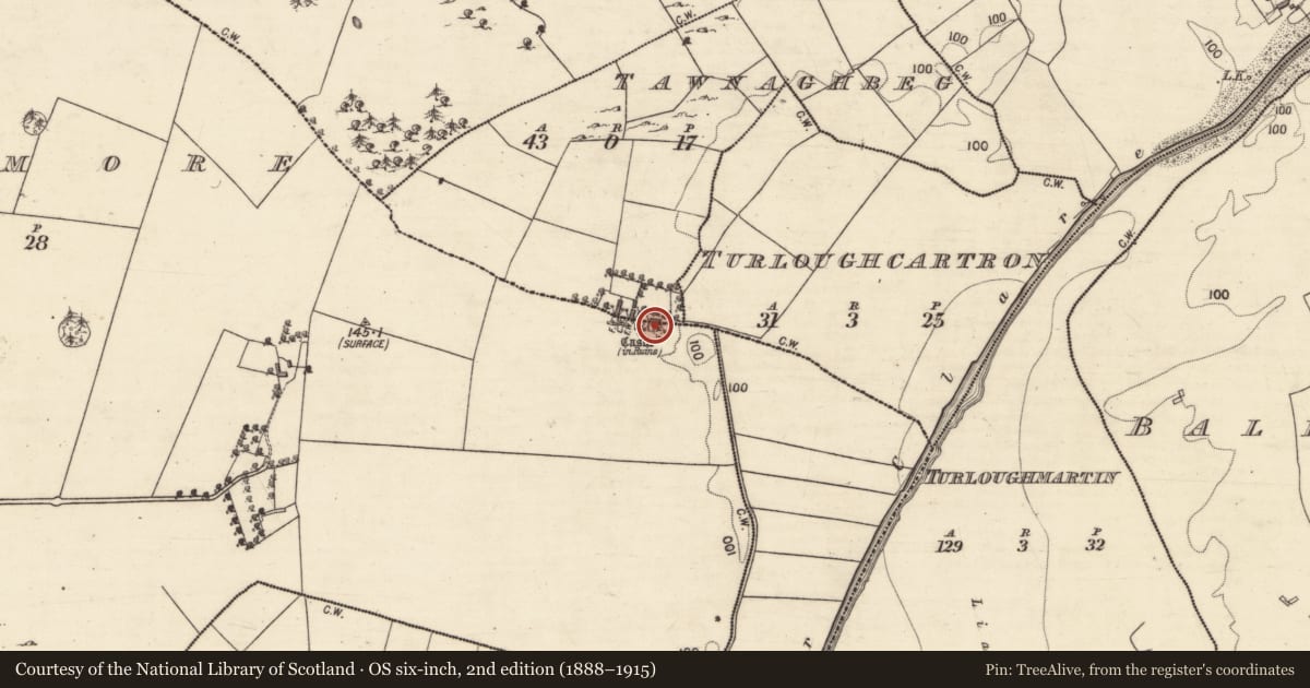 Ordnance Survey six-inch map, 2nd edition (1888–1915) covering the location of Castle - tower house, An Tamhnach Mhór, County Galway, with a pin at the register's coordinates