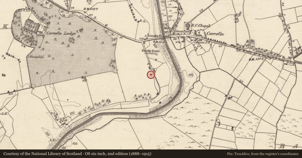 Ordnance Survey six-inch map, 2nd edition (1888–1915) covering the location of Road - road/trackway, Corrofin, County Galway, with a pin at the register's coordinates