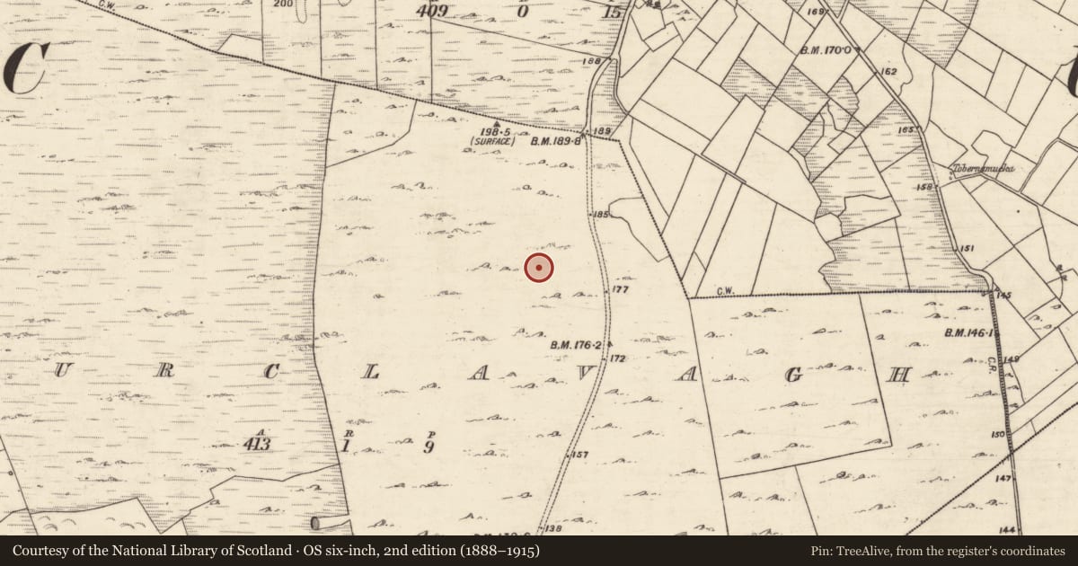 Ordnance Survey six-inch map, 2nd edition (1888–1915) covering the location of Hut site, Laurclavagh, County Galway, with a pin at the register's coordinates