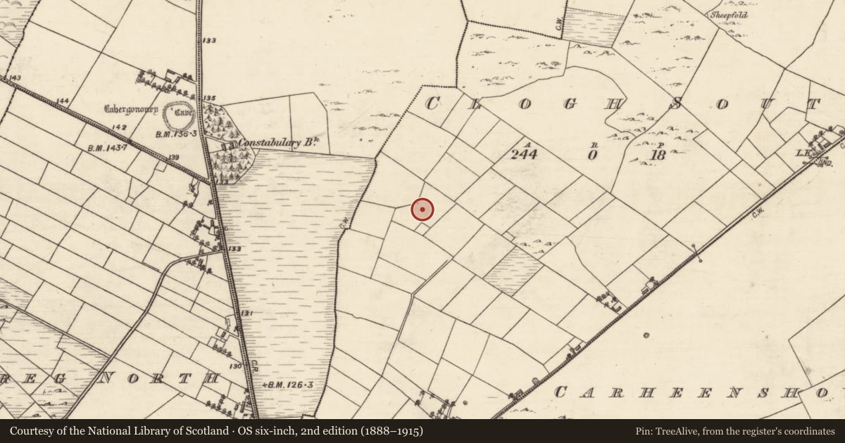 Ordnance Survey six-inch map, 2nd edition (1888–1915) covering the location of Barrow - unclassified, Clogh South, County Galway, with a pin at the register's coordinates