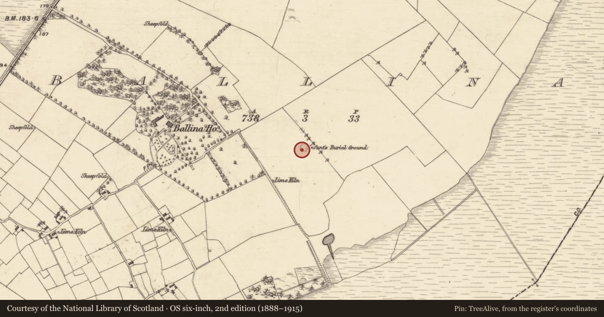 Ordnance Survey six-inch map, 2nd edition (1888–1915) covering the location of Children's burial ground, Ballina, County Galway, with a pin at the register's coordinates