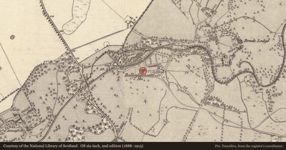 Ordnance Survey six-inch map, 2nd edition (1888–1915) covering the location of Country house, Ballyglooneen, County Galway, with a pin at the register's coordinates