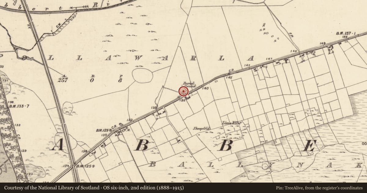 Ordnance Survey six-inch map, 2nd edition (1888–1915) covering the location of Children's burial ground, Pollawarla, County Galway, with a pin at the register's coordinates
