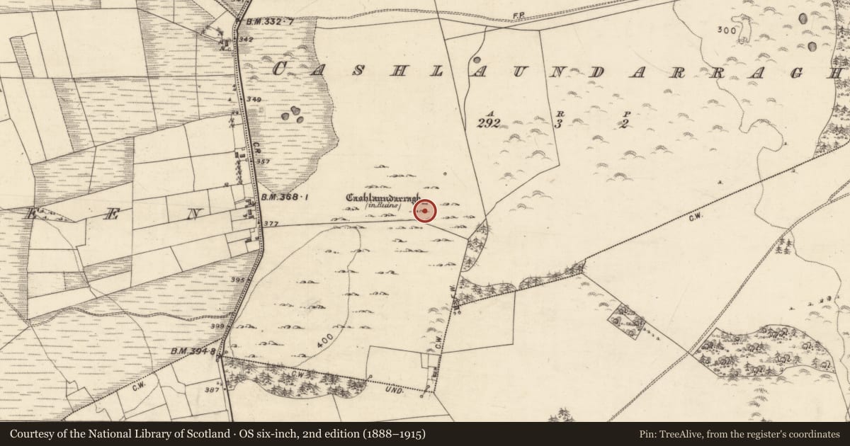 Ordnance Survey six-inch map, 2nd edition (1888–1915) covering the location of Settlement deserted - medieval, Cashlaundarragh, County Galway, with a pin at the register's coordinates