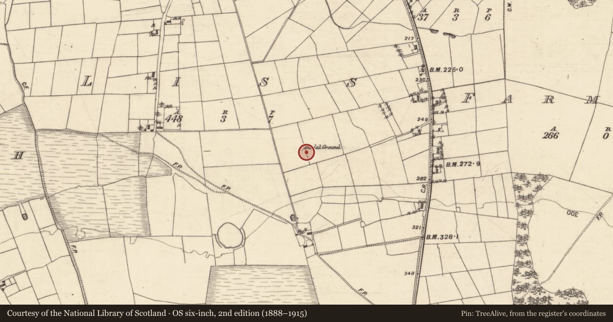 Ordnance Survey six-inch map, 2nd edition (1888–1915) covering the location of Children's burial ground, Liss, County Galway, with a pin at the register's coordinates