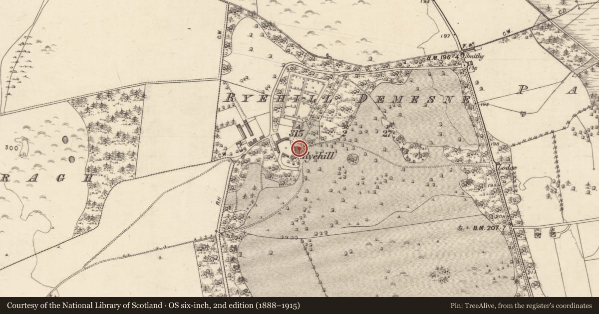 Ordnance Survey six-inch map, 2nd edition (1888–1915) covering the location of Country house, Ryehill Demesne, County Galway, with a pin at the register's coordinates