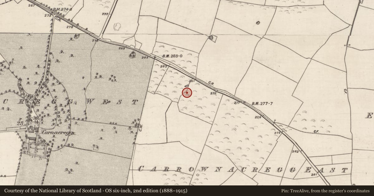 Ordnance Survey six-inch map, 2nd edition (1888–1915) covering the location of Enclosure, Carrownacregg East, County Galway, with a pin at the register's coordinates