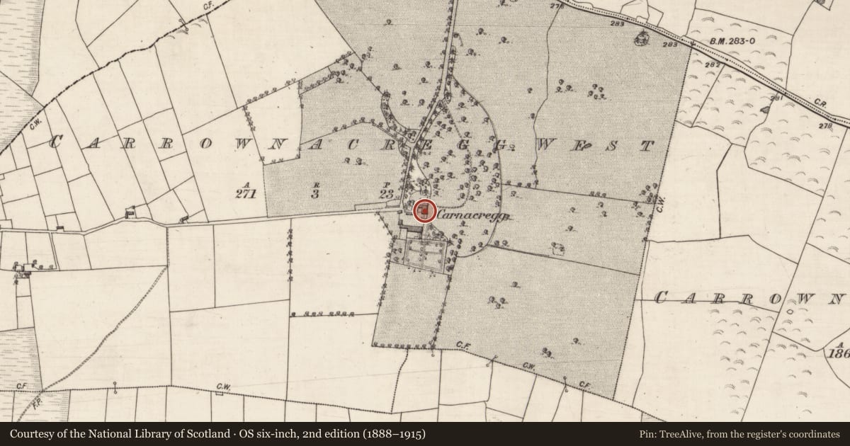 Ordnance Survey six-inch map, 2nd edition (1888–1915) covering the location of Country house, Carrownacregg West, County Galway, with a pin at the register's coordinates