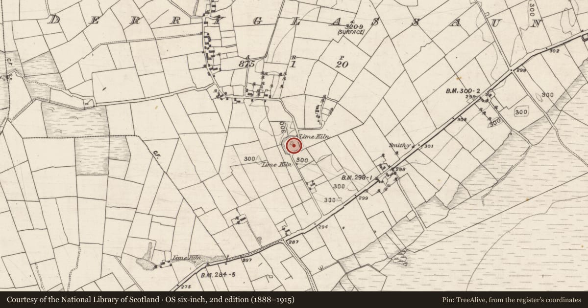 Ordnance Survey six-inch map, 2nd edition (1888–1915) covering the location of Ringfort - unclassified, Derryglassaun, County Galway, with a pin at the register's coordinates