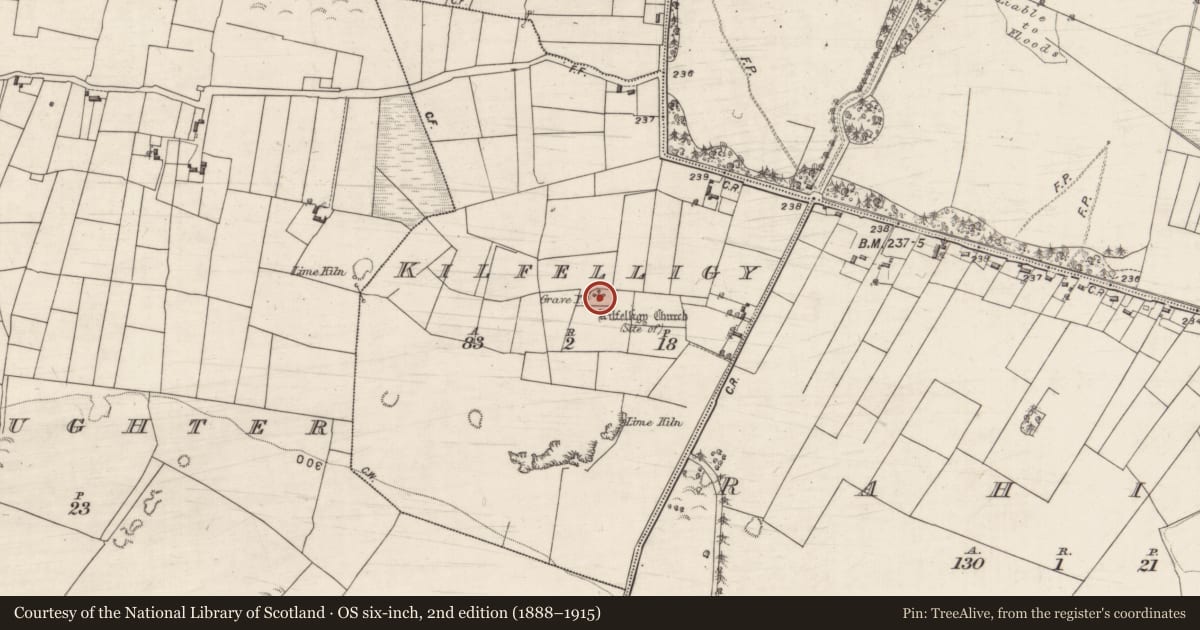 Ordnance Survey six-inch map, 2nd edition (1888–1915) covering the location of Graveyard, Kilfelligy, County Galway, with a pin at the register's coordinates
