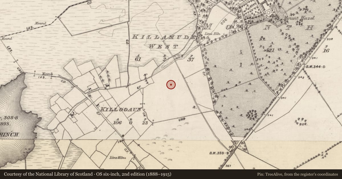 Ordnance Survey six-inch map, 2nd edition (1888–1915) covering the location of Enclosure, Killamude West, County Galway, with a pin at the register's coordinates