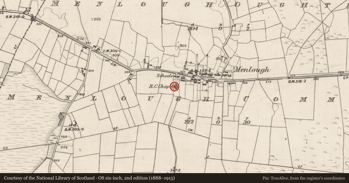Ordnance Survey six-inch map, 2nd edition (1888–1915) covering the location of Church, Menlough Commons, County Galway, with a pin at the register's coordinates