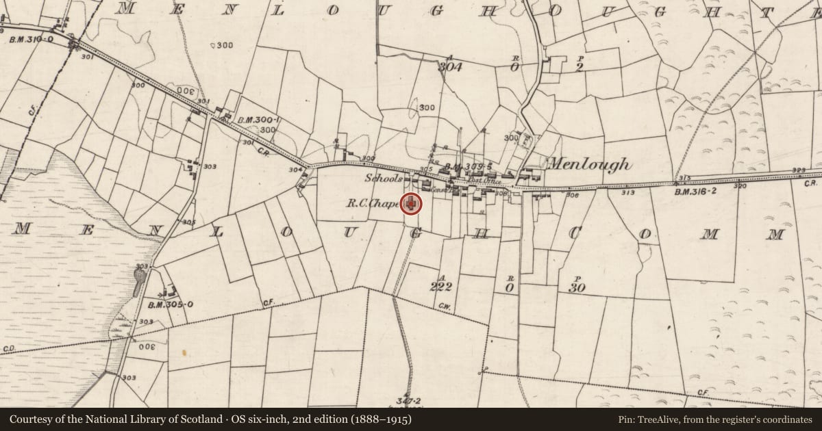 Ordnance Survey six-inch map, 2nd edition (1888–1915) covering the location of Graveyard, Menlough Commons, County Galway, with a pin at the register's coordinates