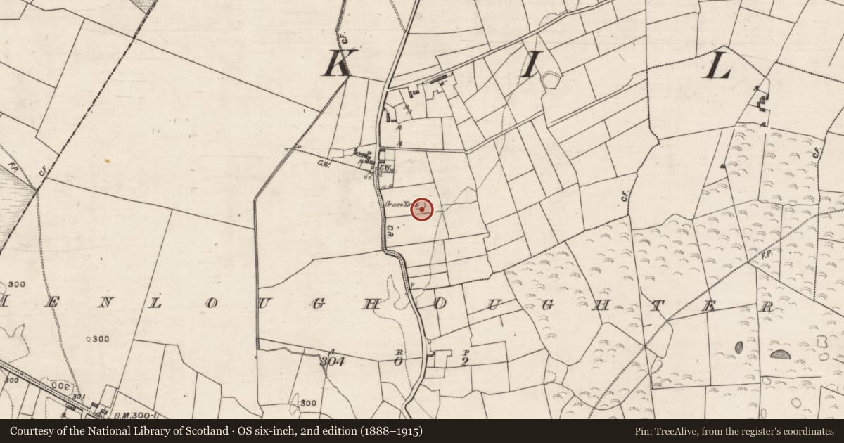 Ordnance Survey six-inch map, 2nd edition (1888–1915) covering the location of Children's burial ground, Menlough Eighter, County Galway, with a pin at the register's coordinates