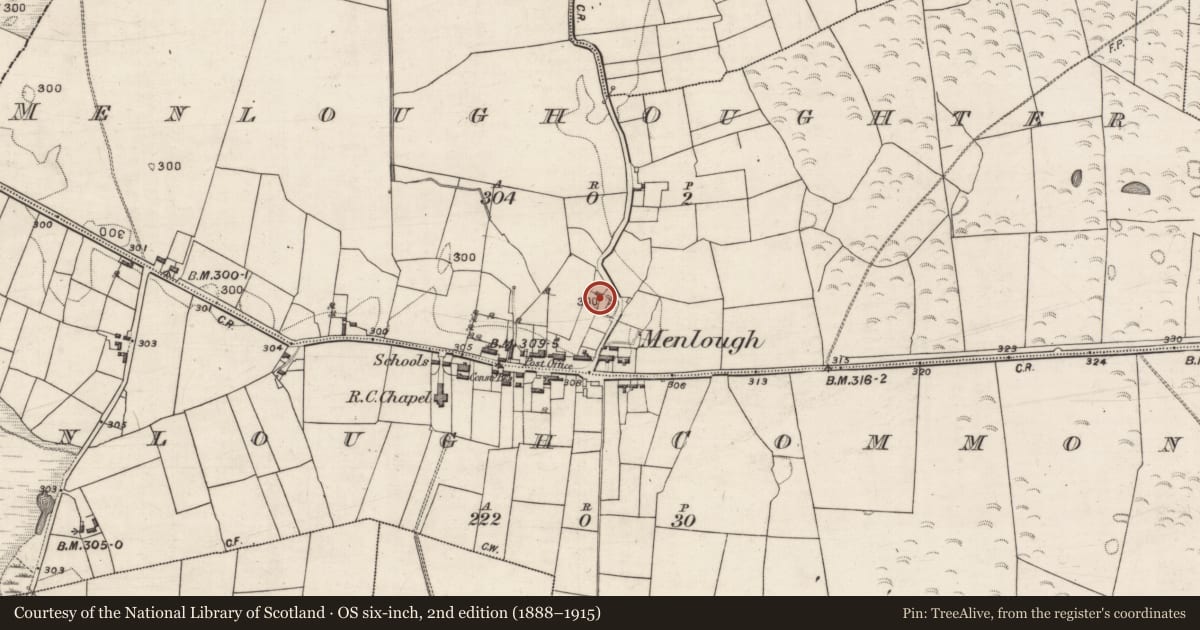 Ordnance Survey six-inch map, 2nd edition (1888–1915) covering the location of Chapel, Menlough Oughter, County Galway, with a pin at the register's coordinates