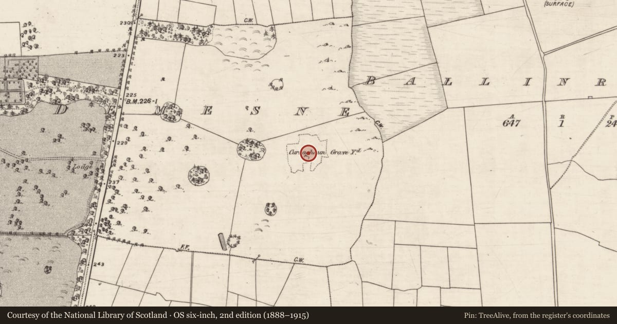 Ordnance Survey six-inch map, 2nd edition (1888–1915) covering the location of Children's burial ground, Windfield Demesne, County Galway, with a pin at the register's coordinates