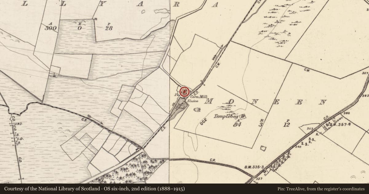 Ordnance Survey six-inch map, 2nd edition (1888–1915) covering the location of Mill - corn, Ballyara, County Galway, with a pin at the register's coordinates