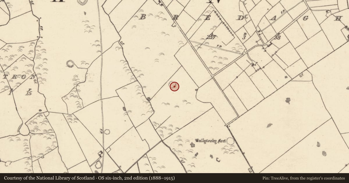 Ordnance Survey six-inch map, 2nd edition (1888–1915) covering the location of Enclosure, Bredagh, County Galway, with a pin at the register's coordinates