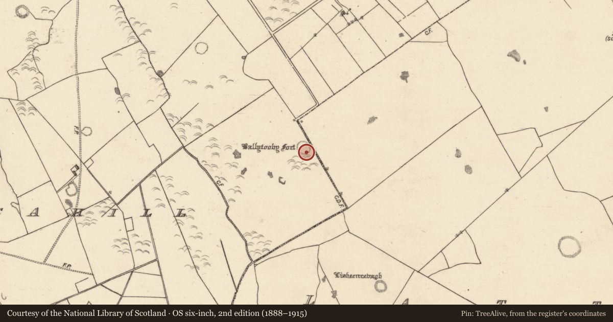 Ordnance Survey six-inch map, 2nd edition (1888–1915) covering the location of Ringfort - unclassified, Bredagh, County Galway, with a pin at the register's coordinates