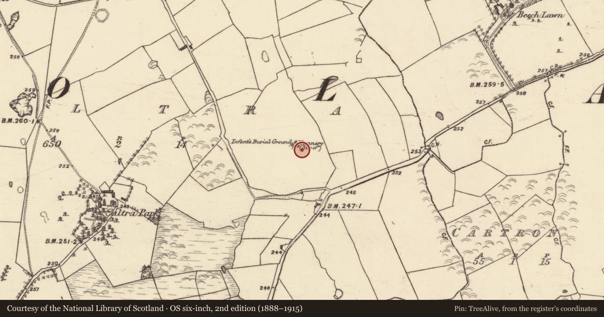 Ordnance Survey six-inch map, 2nd edition (1888–1915) covering the location of Children's burial ground, Caltra, County Galway, with a pin at the register's coordinates