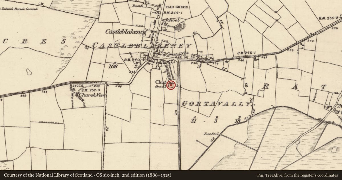 Ordnance Survey six-inch map, 2nd edition (1888–1915) covering the location of Graveyard, Castleblakeney, County Galway, with a pin at the register's coordinates