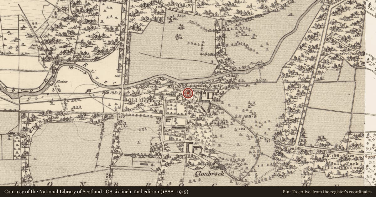 Ordnance Survey six-inch map, 2nd edition (1888–1915) covering the location of Castle - tower house, Clonbrock Demesne, County Galway, with a pin at the register's coordinates