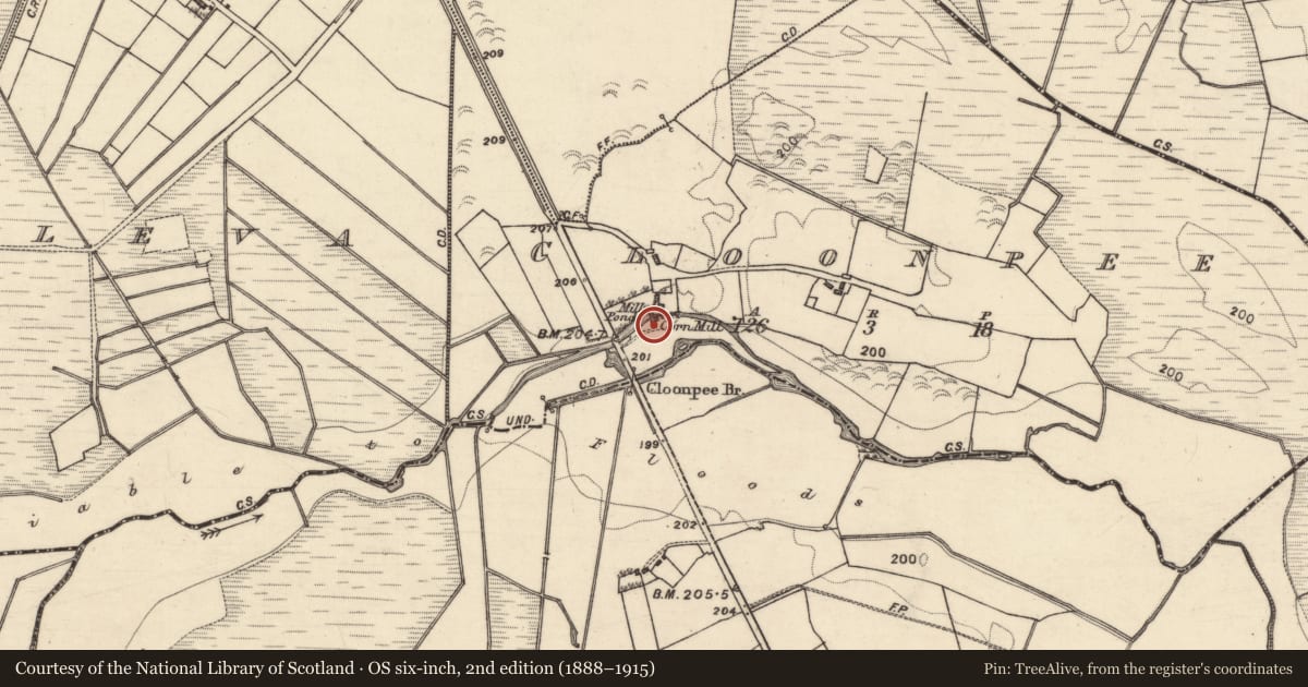 Ordnance Survey six-inch map, 2nd edition (1888–1915) covering the location of Mill - corn, Cloonpee, County Galway, with a pin at the register's coordinates
