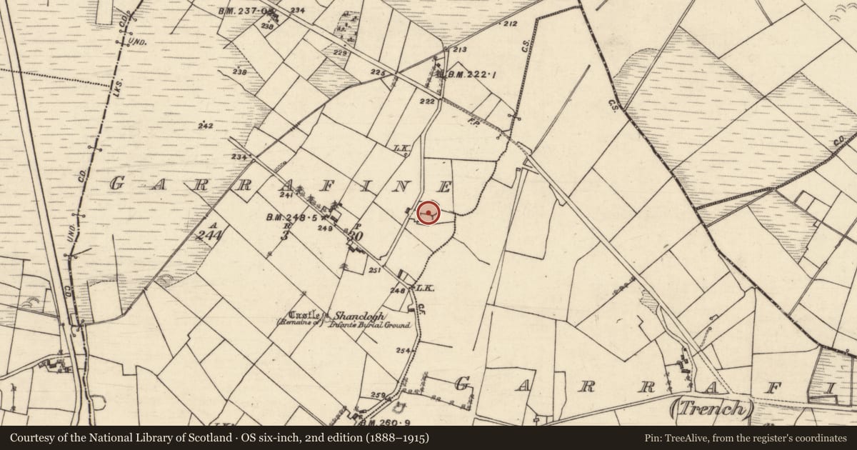 Ordnance Survey six-inch map, 2nd edition (1888–1915) covering the location of Enclosure, Garrafine, County Galway, with a pin at the register's coordinates