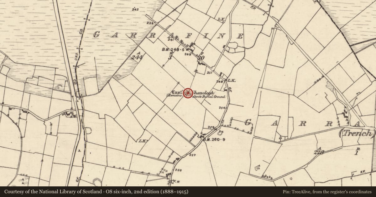 Ordnance Survey six-inch map, 2nd edition (1888–1915) covering the location of Castle - unclassified, Garrafine, County Galway, with a pin at the register's coordinates
