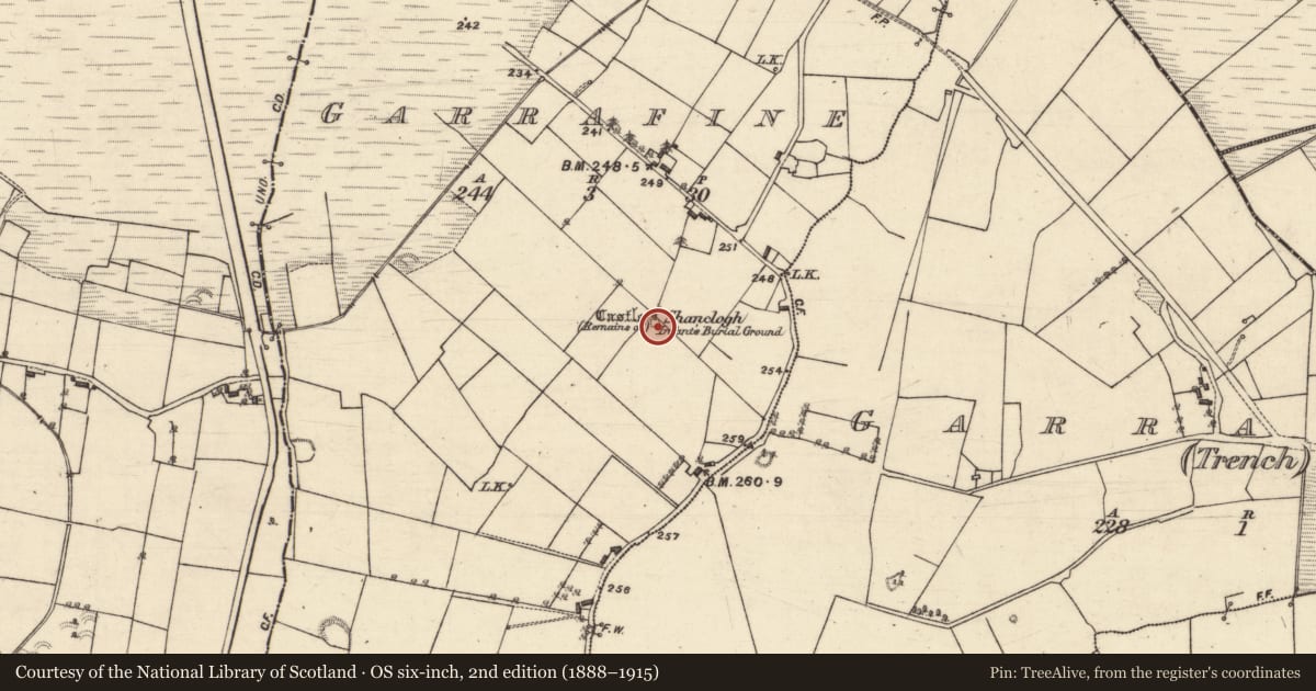 Ordnance Survey six-inch map, 2nd edition (1888–1915) covering the location of Children's burial ground, Garrafine, County Galway, with a pin at the register's coordinates