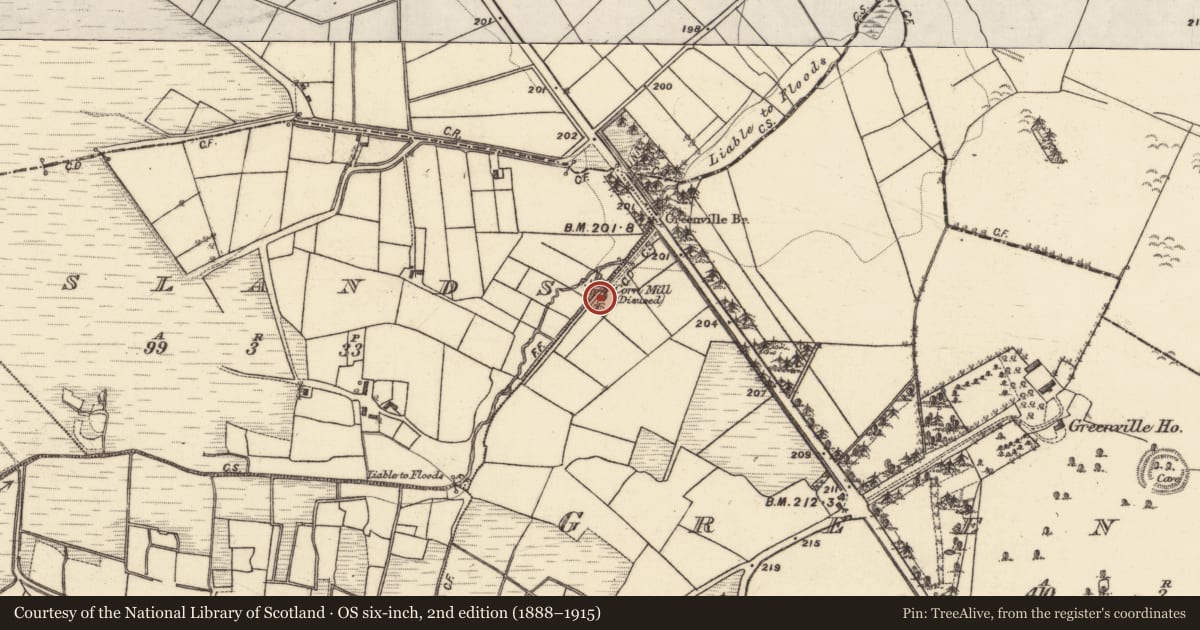 Ordnance Survey six-inch map, 2nd edition (1888–1915) covering the location of Mill - corn, Greenville, County Galway, with a pin at the register's coordinates