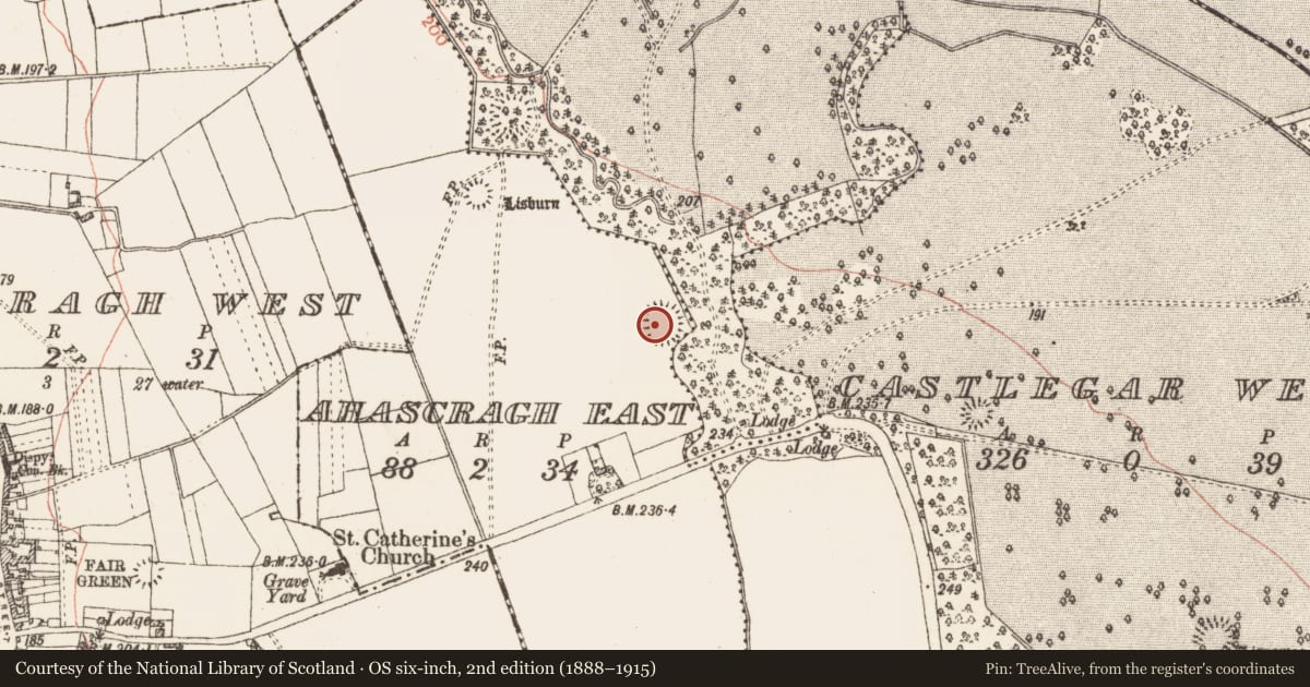 Ordnance Survey six-inch map, 2nd edition (1888–1915) covering the location of Ringfort - unclassified, Ahascragh East, County Galway, with a pin at the register's coordinates