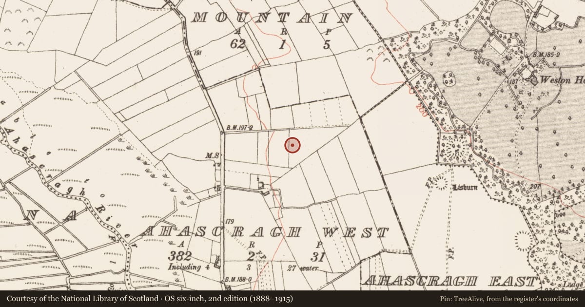 Ordnance Survey six-inch map, 2nd edition (1888–1915) covering the location of Enclosure, Ahascragh West, County Galway, with a pin at the register's coordinates