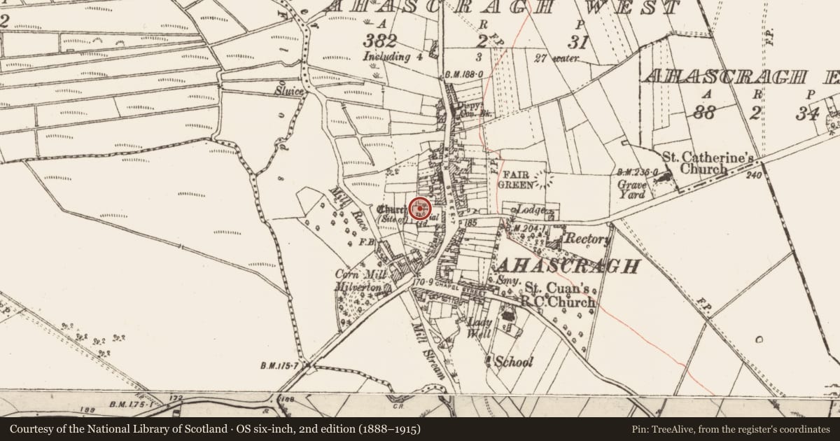 Ordnance Survey six-inch map, 2nd edition (1888–1915) covering the location of Church, Ahascragh West, County Galway, with a pin at the register's coordinates