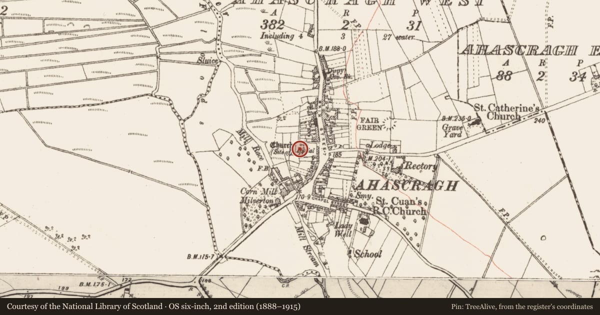 Ordnance Survey six-inch map, 2nd edition (1888–1915) covering the location of Graveyard, Ahascragh West, County Galway, with a pin at the register's coordinates
